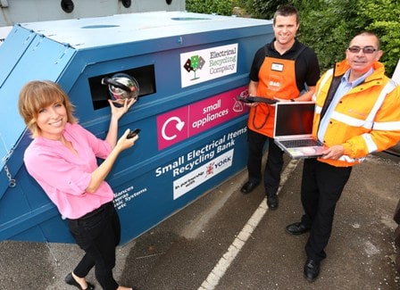 (l-r) York's waste strategy officer Sara Goodhead with  Nik Rowntree of B&Q, and Paul Sellers of Electrical Recycling Company